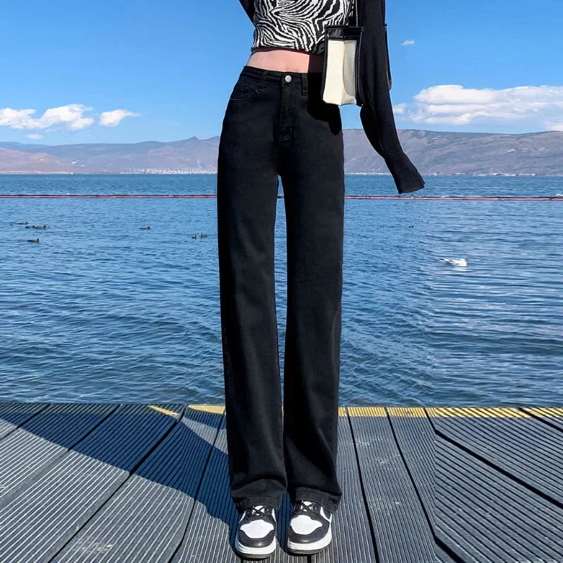 Valenzora | Herbst-Frühling Jeans Damen Denim Hose Vintage Straight Leg Hose Mode Weiblich Weiß Schwarz Einfarbig Locker Relaxed Wide Leg Hose