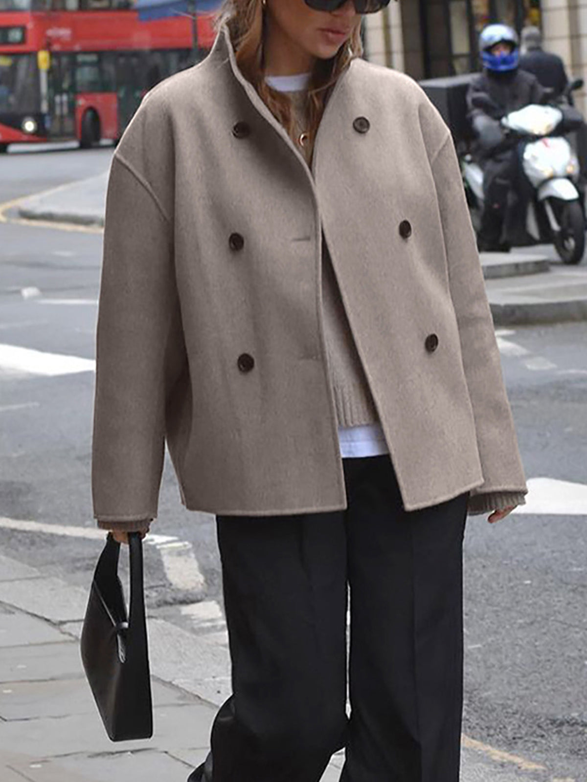 Valenzora | Women's jacket - beige short wool jacket with stand-up collar and button closure