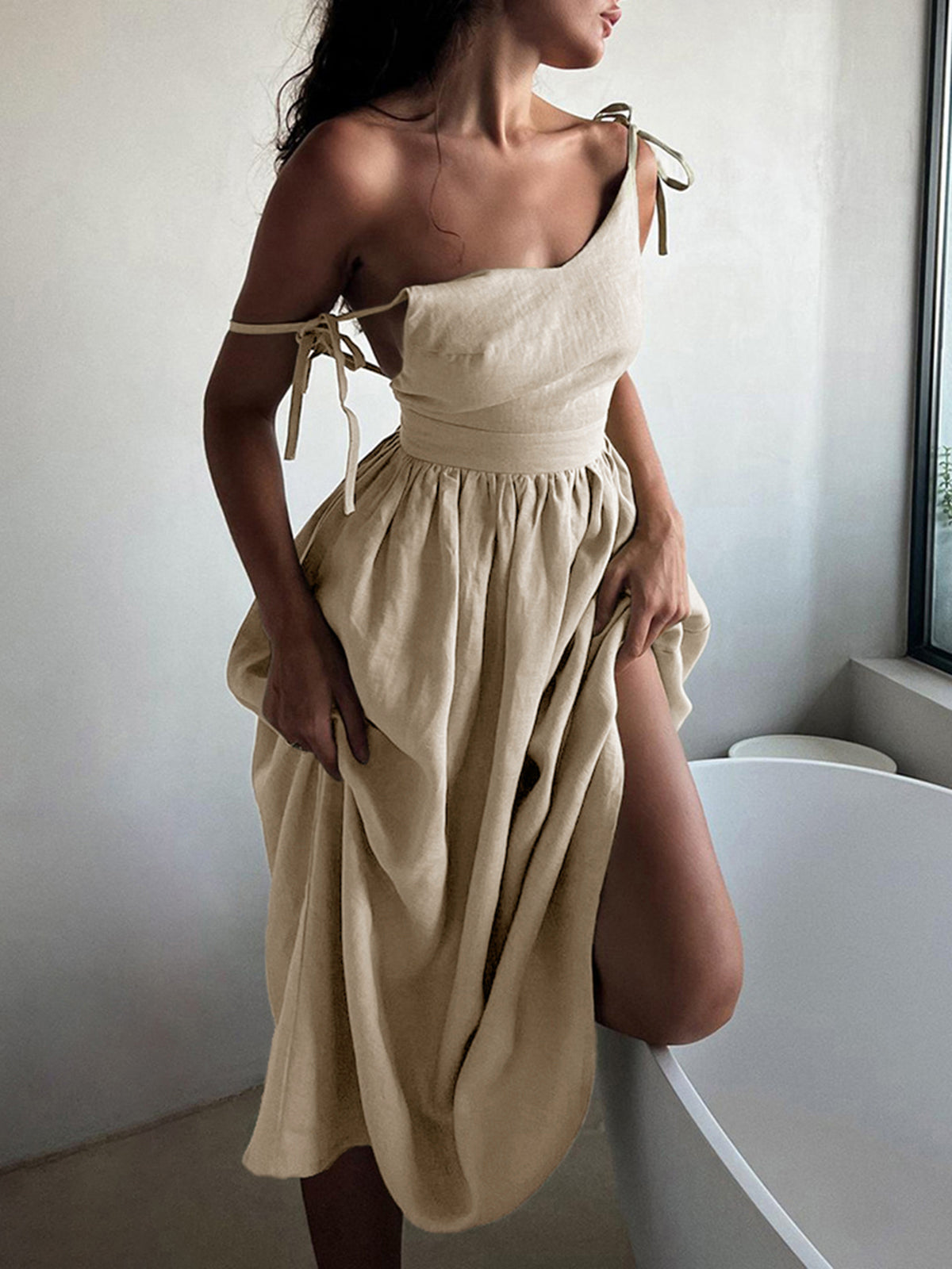Valenzora | Trägerloses Maxikleid aus Baumwolle und Leinen