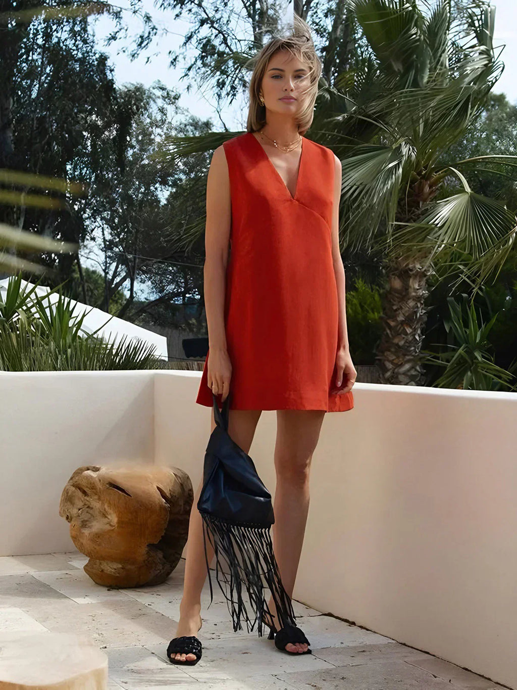 Valenzora | Lässiges V-Ausschnitt-Kurzkleid aus Baumwolle und Leinen