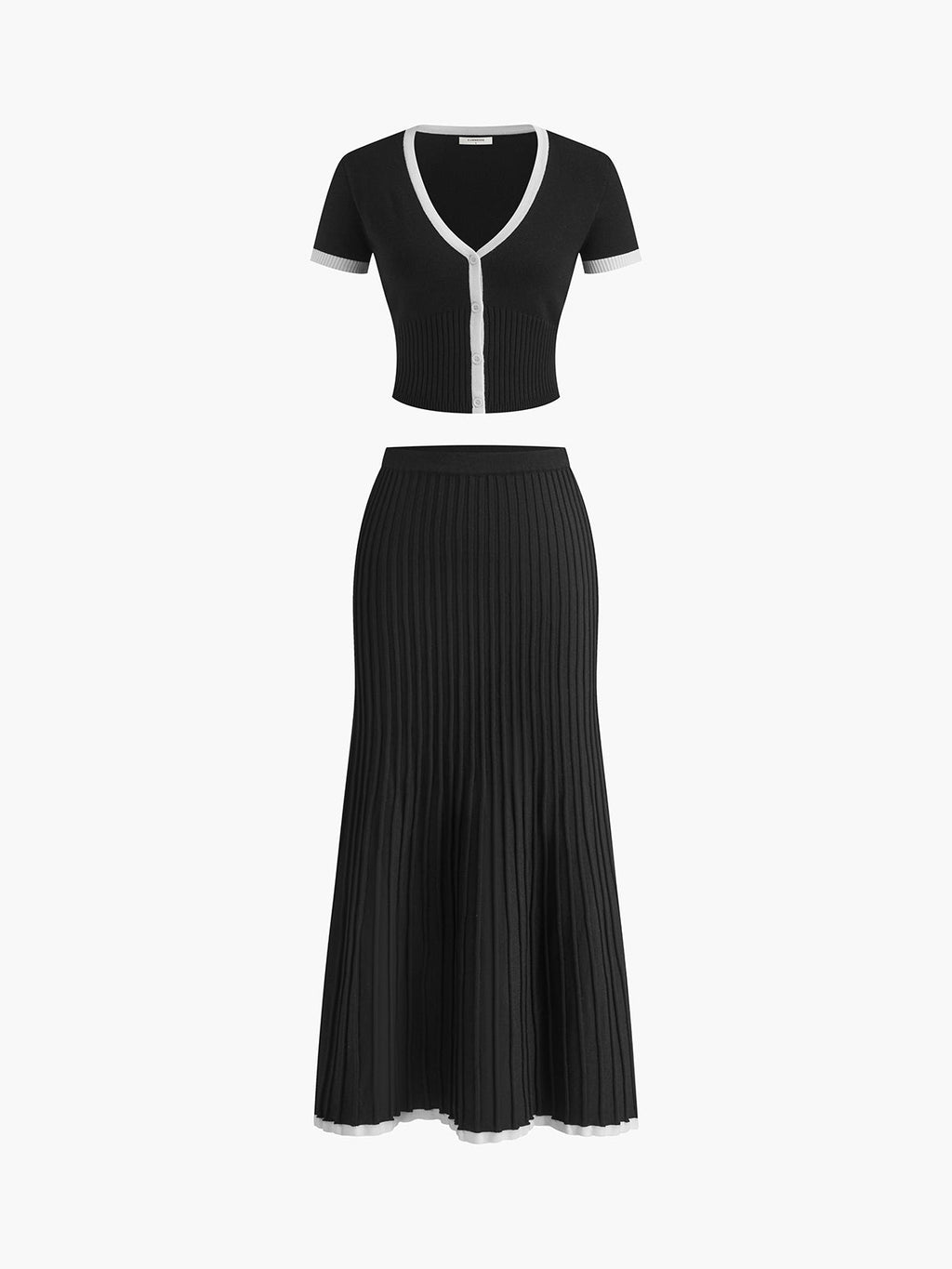 Valenzora | Pulloverrock-Set V-Ausschnitt Kurzarm-Top Plissierter Midirock Strickstoff