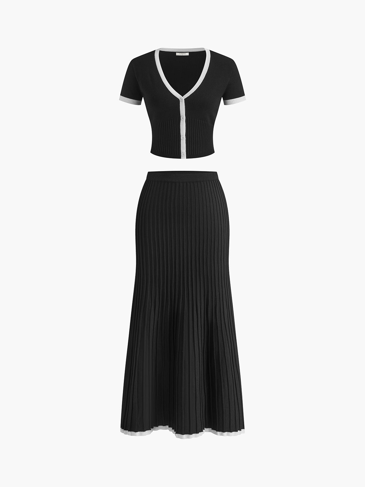 Valenzora | Pulloverrock-Set V-Ausschnitt Kurzarm-Top Plissierter Midirock Strickstoff