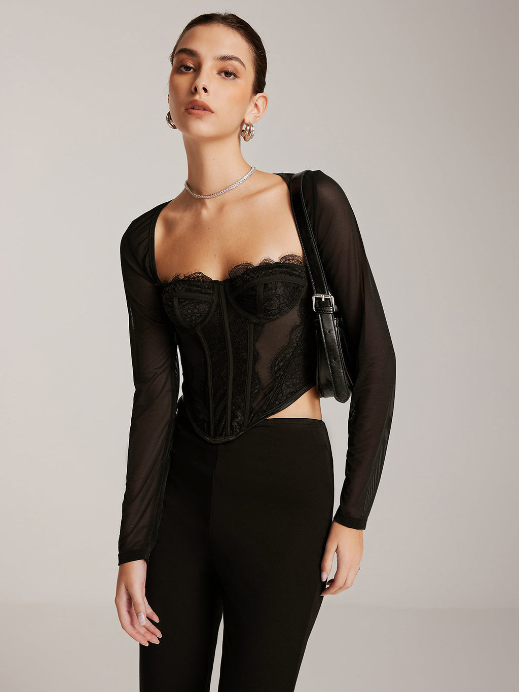 Valenzora | Sheer Long-Sleeved Heart Neck Lace Skinny T-Shirt