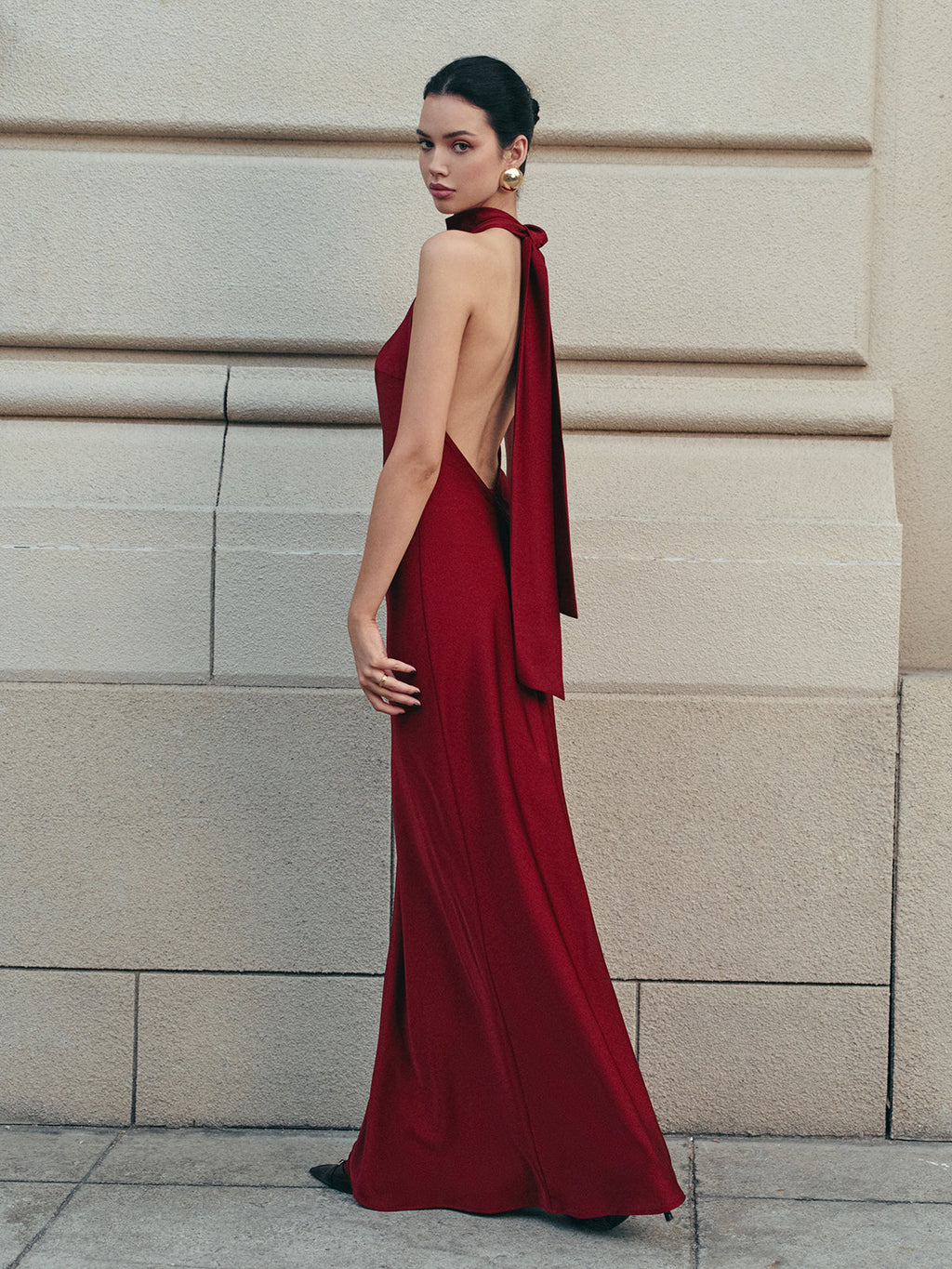 Valenzora | Open Back Satin Halter Dress