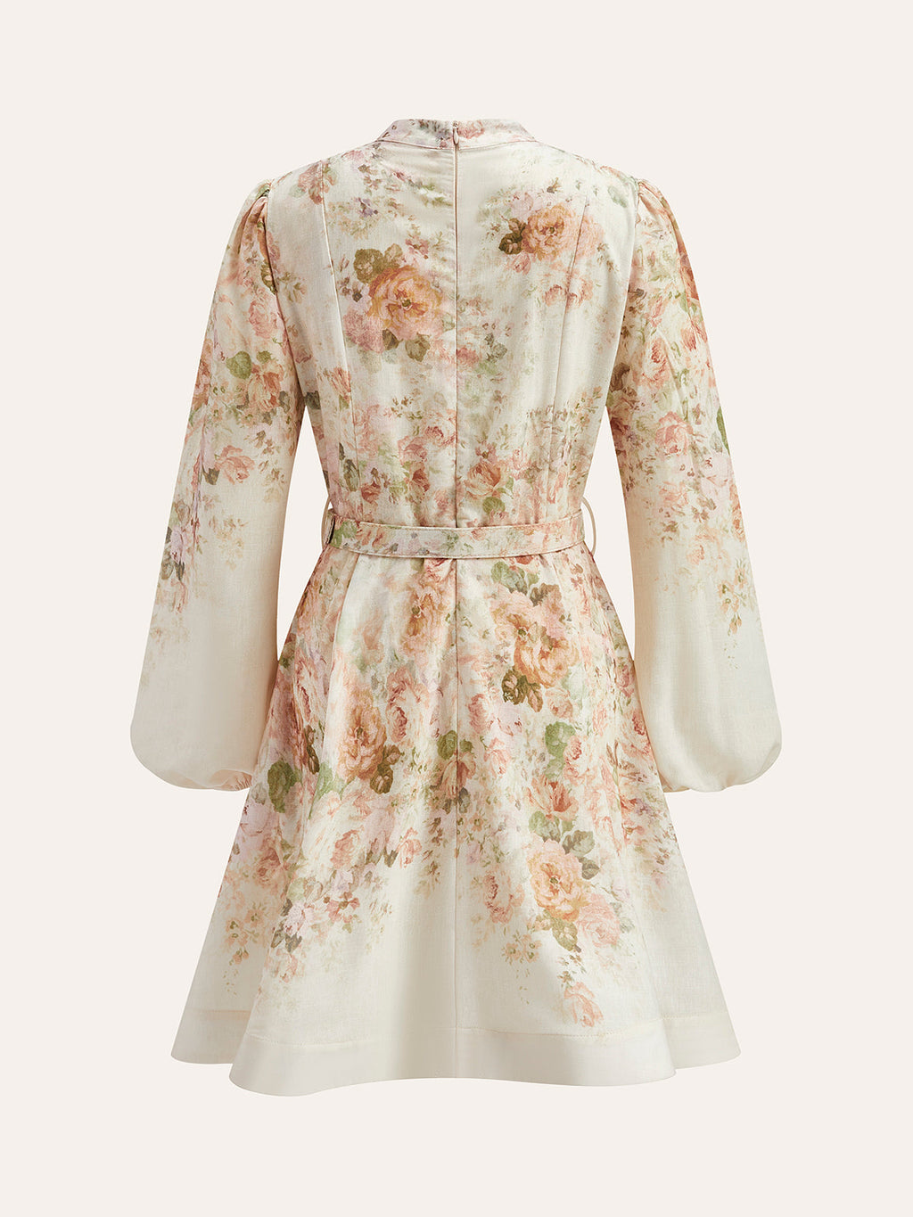 Valenzora | Cotton & Linen Puff Sleeve Floral Belt Dress