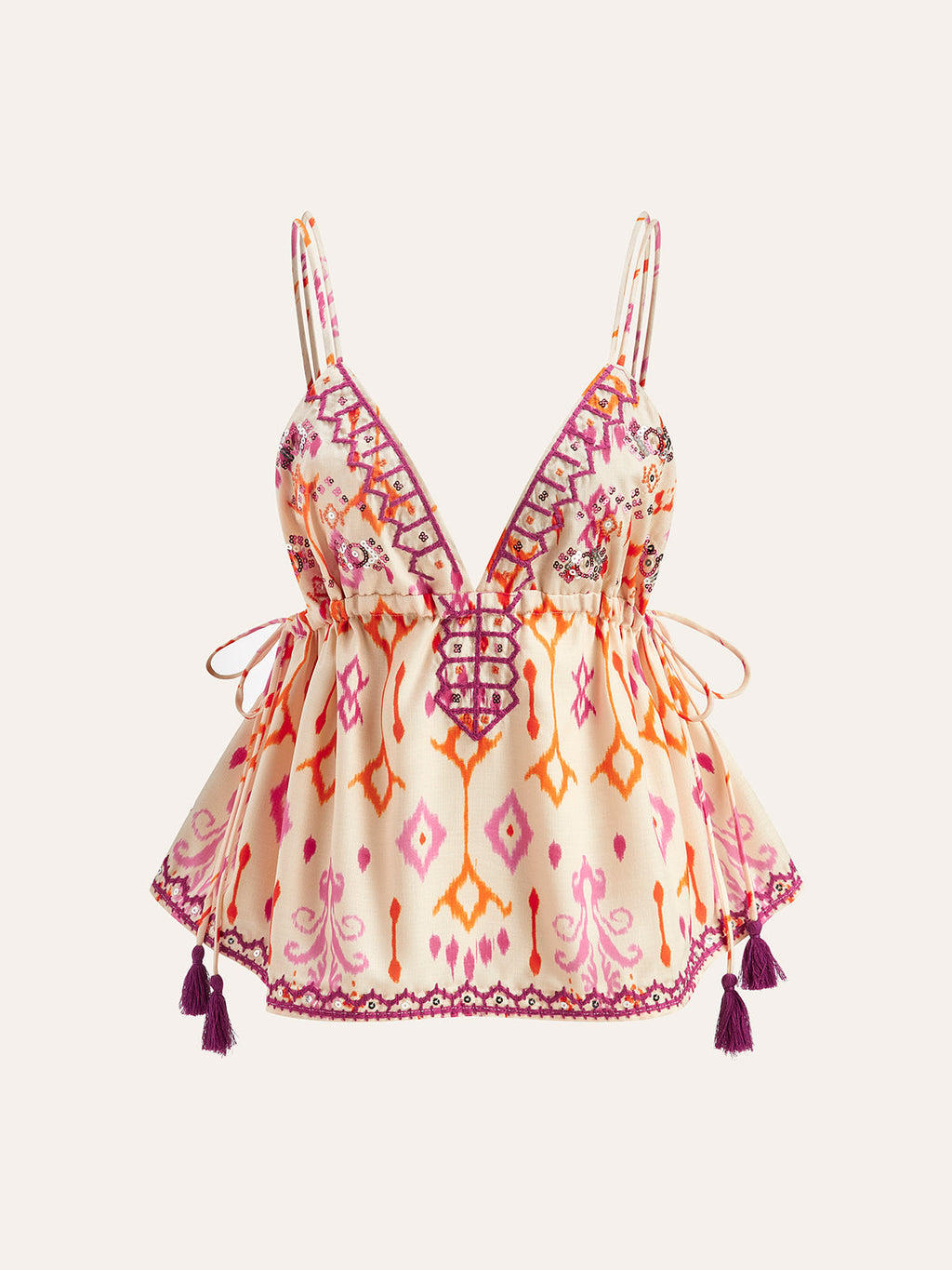 Valenzora | Besticktes Boho-Fransen-Cami-Top zum Binden