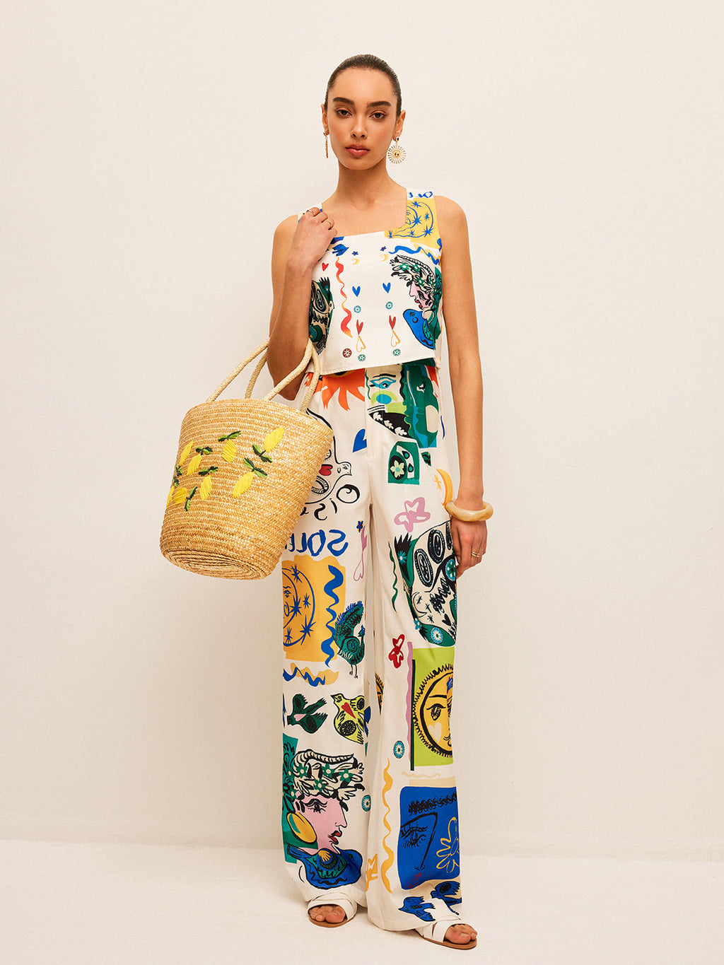 Valenzora | Graphic Print Top with Wide Pants Set