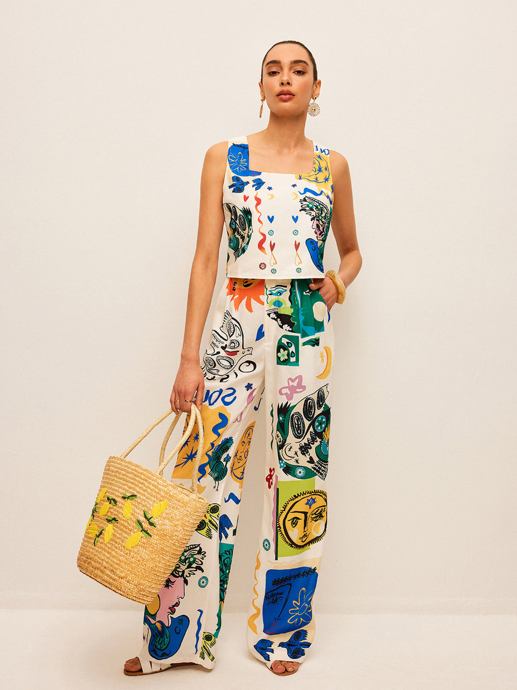 Valenzora | Graphic Print Top with Wide Pants Set