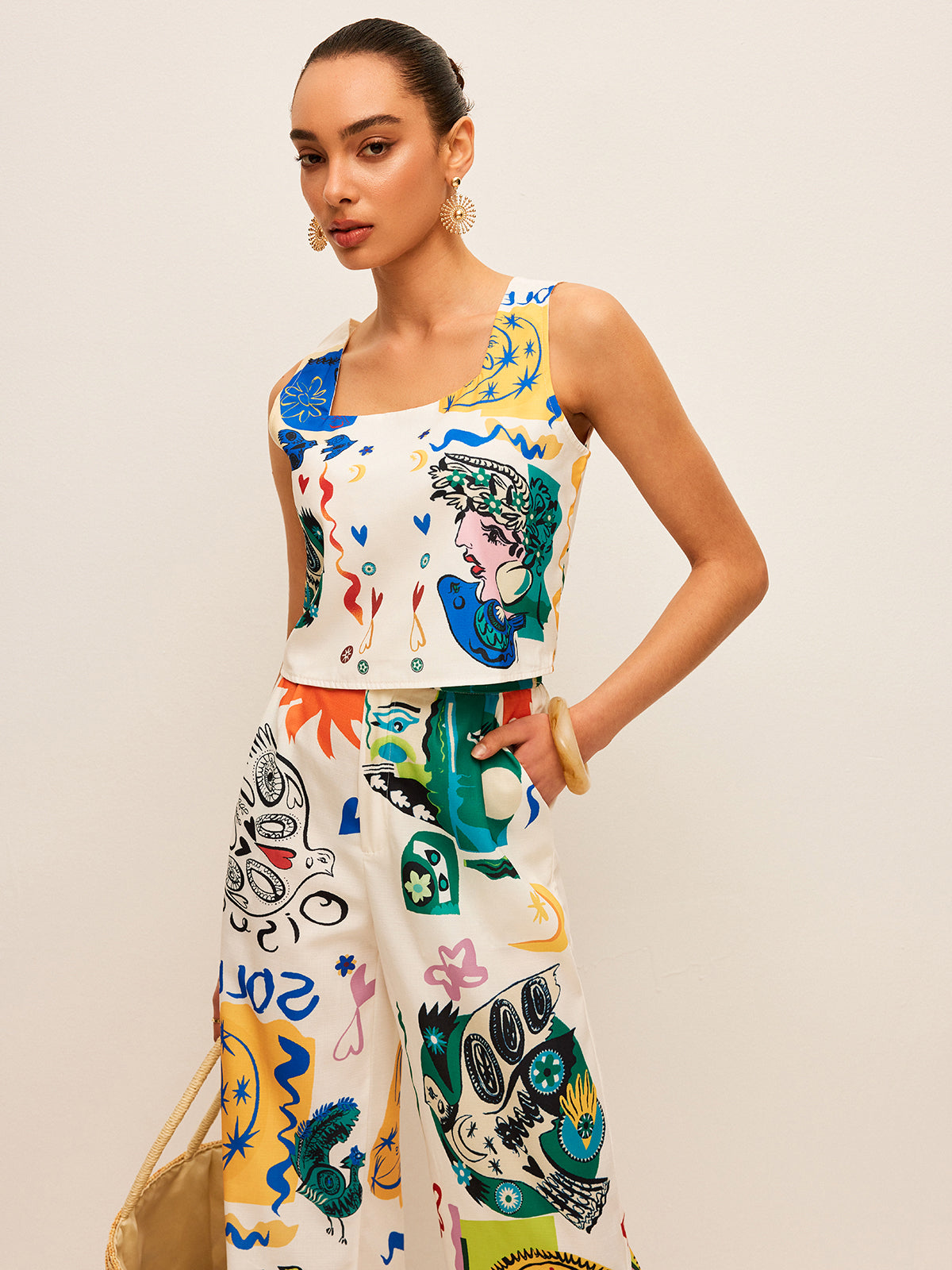 Valenzora | Graphic Print Top with Wide Pants Set