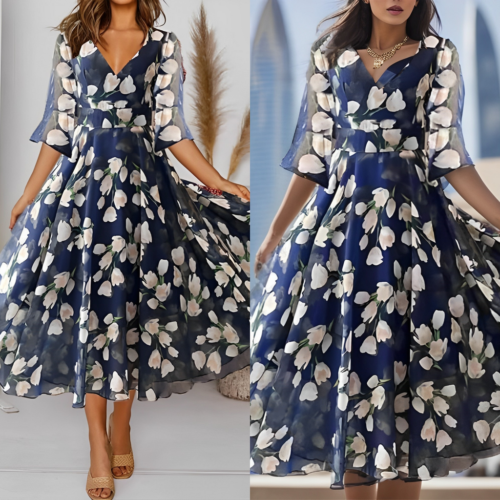 Valenzora | Florales Siphonkleid mit breitem V-Ausschnitt