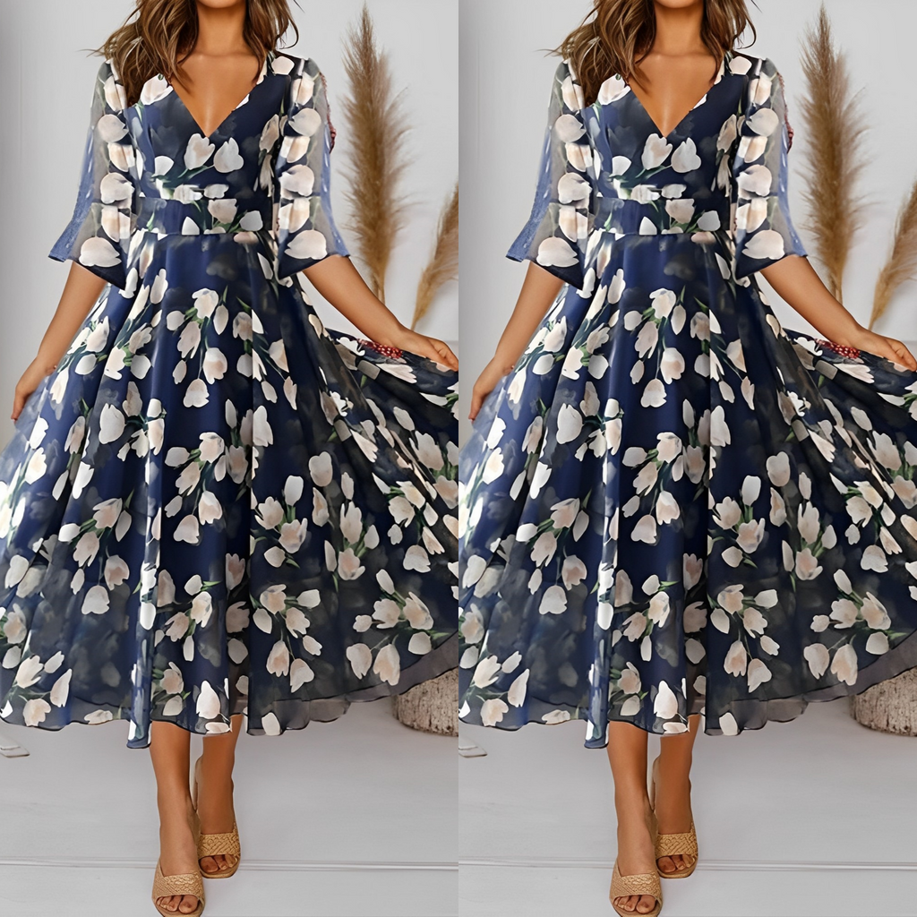 Valenzora | Florales Siphonkleid mit breitem V-Ausschnitt