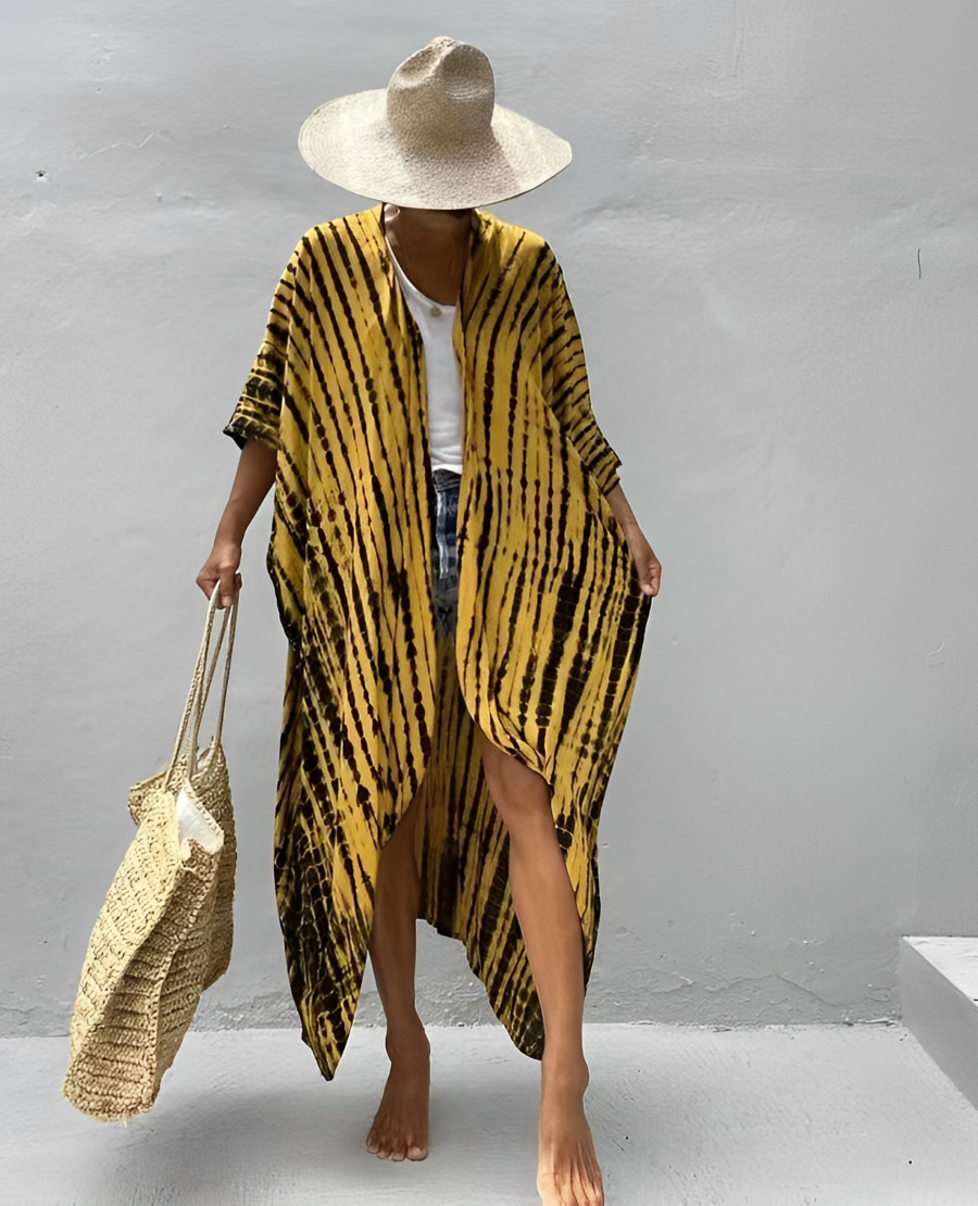 Valenzora Retro Kimono | Langer, gemusterter Strandkimono mit Gürtel für Damen