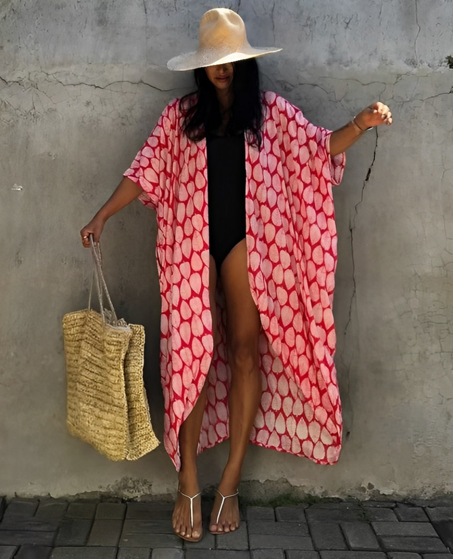 Valenzora Retro Kimono | Long, patterned beach kimono with belt for women