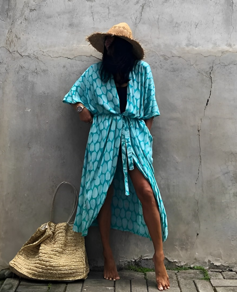 Valenzora Retro Kimono | Langer, gemusterter Strandkimono mit Gürtel für Damen