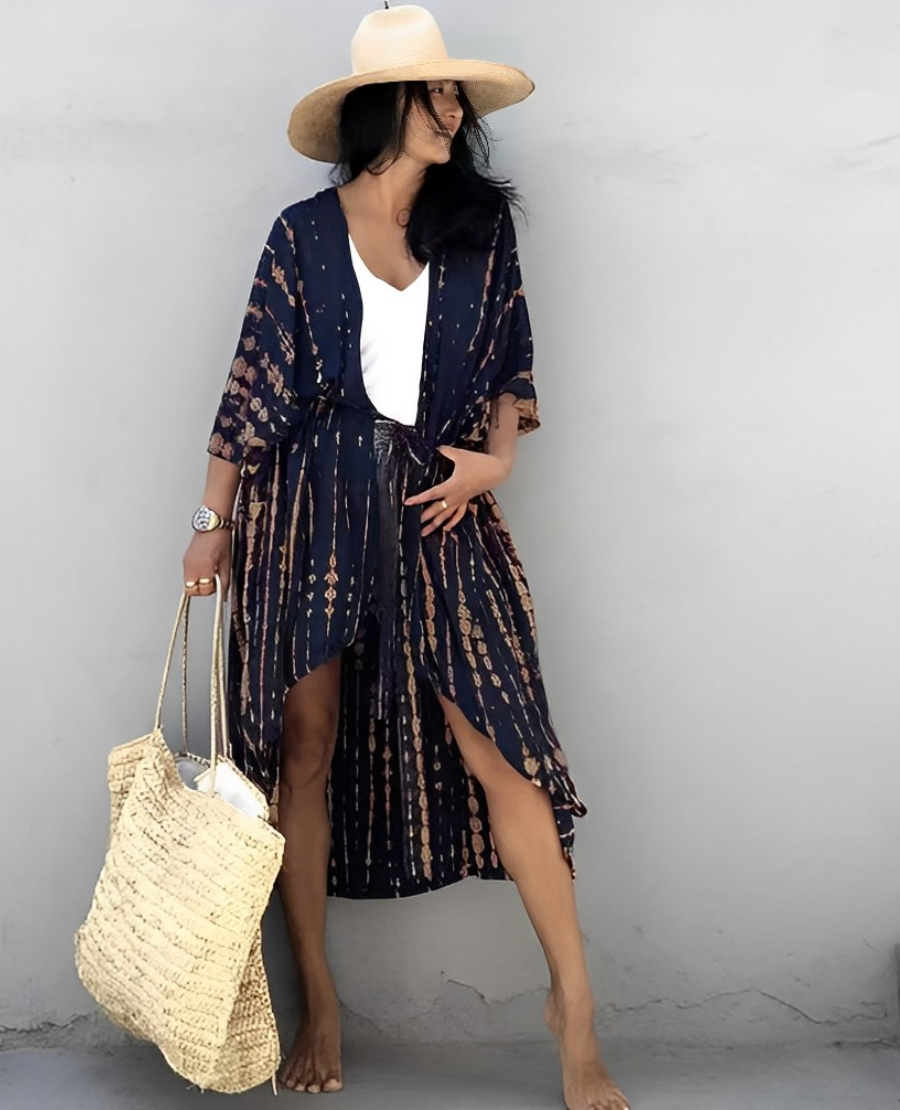 Valenzora Retro Kimono | Langer, gemusterter Strandkimono mit Gürtel für Damen