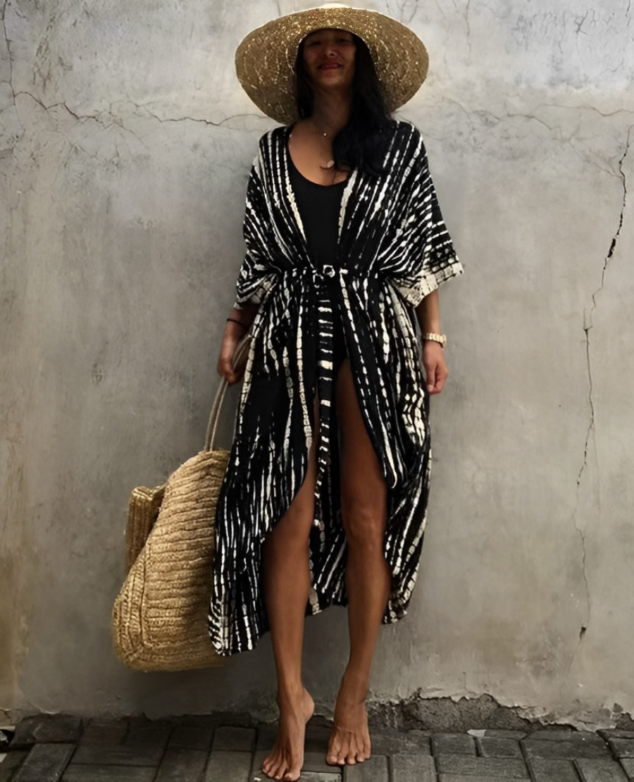 Valenzora Retro Kimono | Langer, gemusterter Strandkimono mit Gürtel für Damen