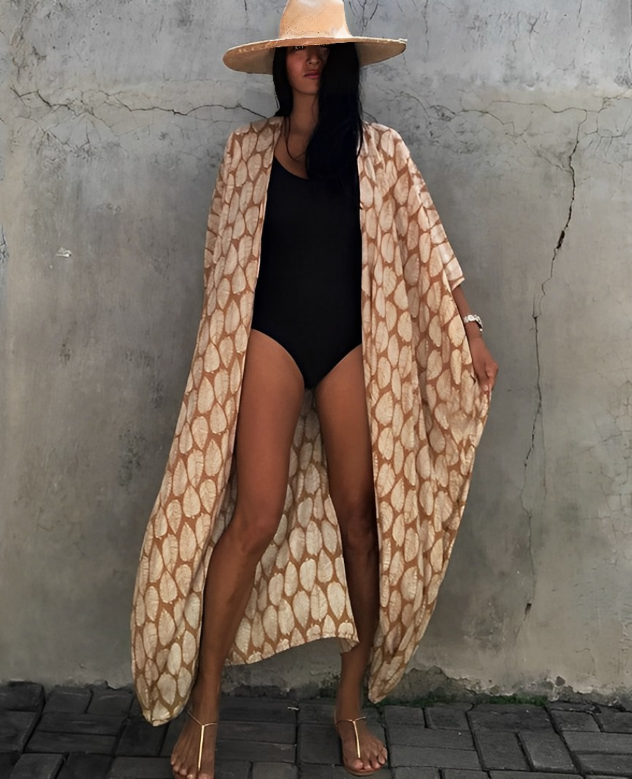 Valenzora Retro Kimono | Langer, gemusterter Strandkimono mit Gürtel für Damen