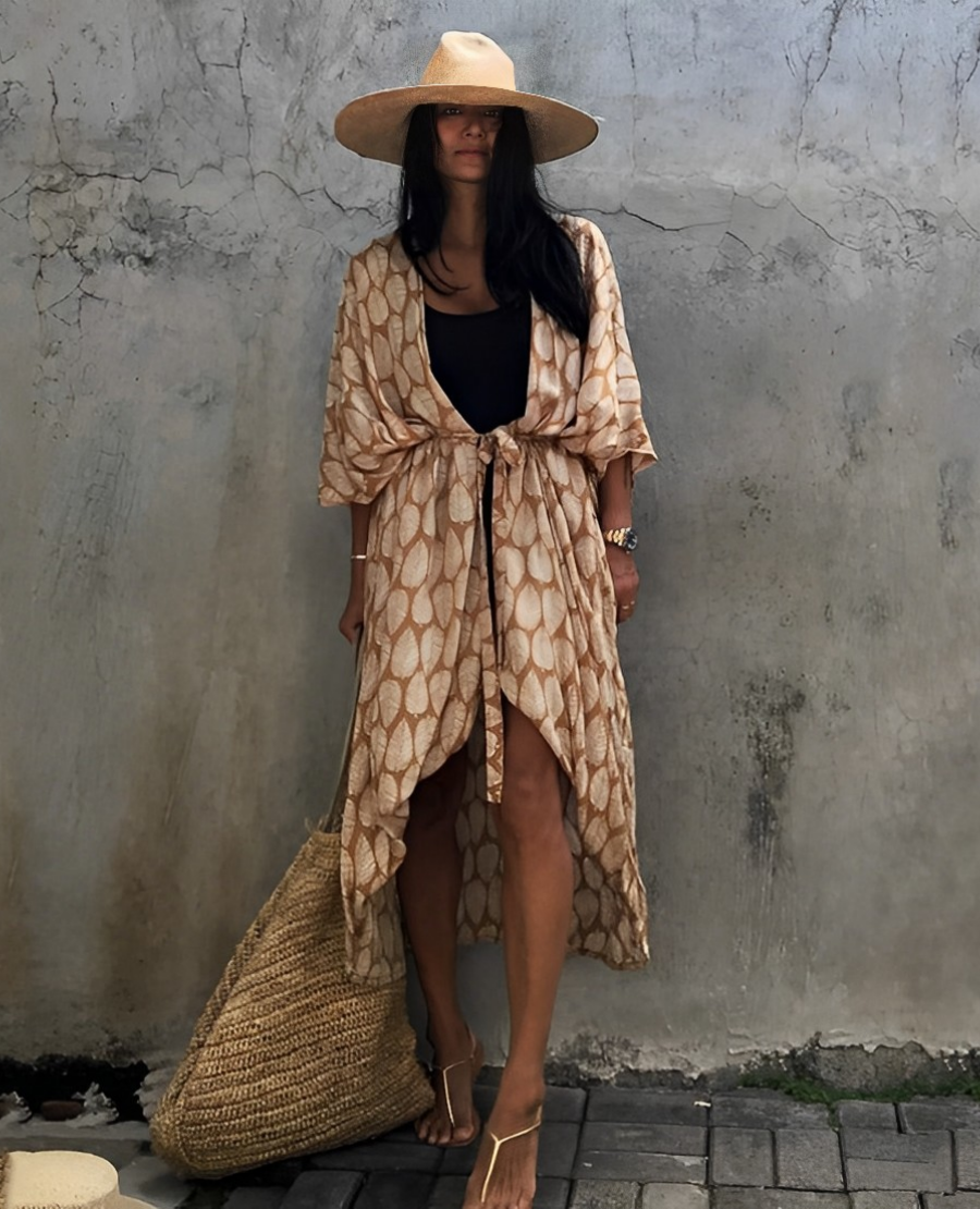 Valenzora Retro Kimono | Langer, gemusterter Strandkimono mit Gürtel für Damen