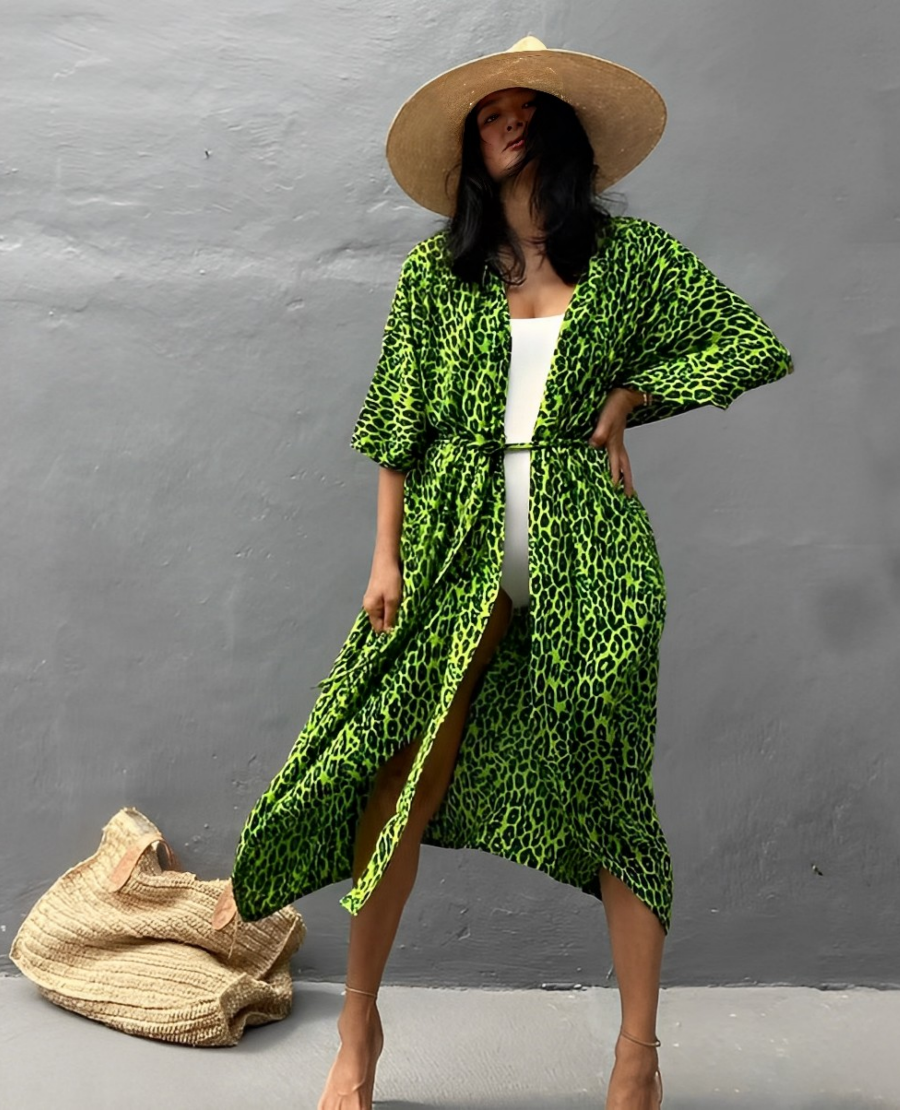 Valenzora Retro Kimono | Langer, gemusterter Strandkimono mit Gürtel für Damen