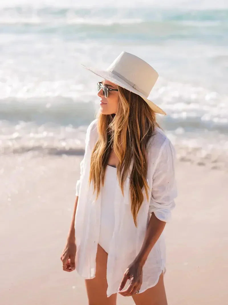 Valenzora | Cover-Up Semi-Transparent Long-Sleeved Linen Shirt Bikini Cover-Up