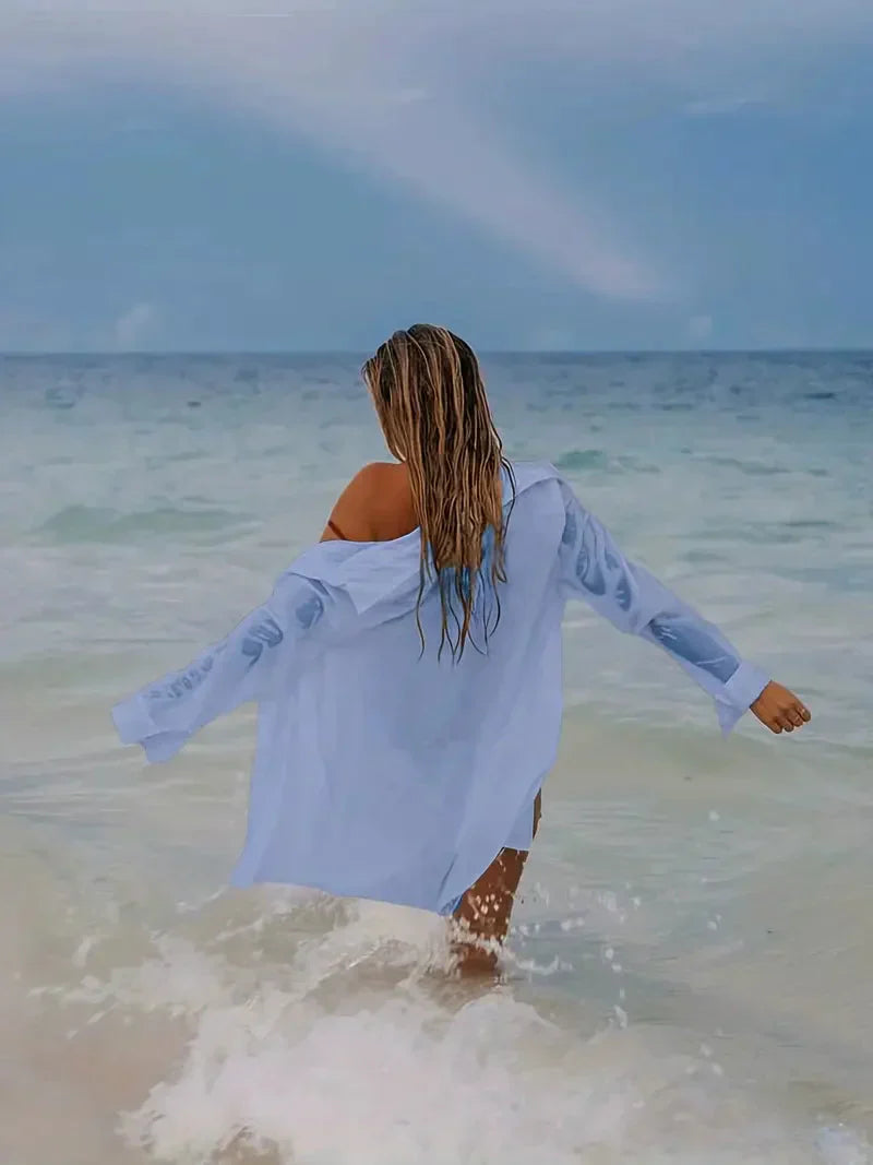 Valenzora | Cover-Up Semi-transparentes Leinenhemd mit langen Ärmeln als Bikini-Überwurf