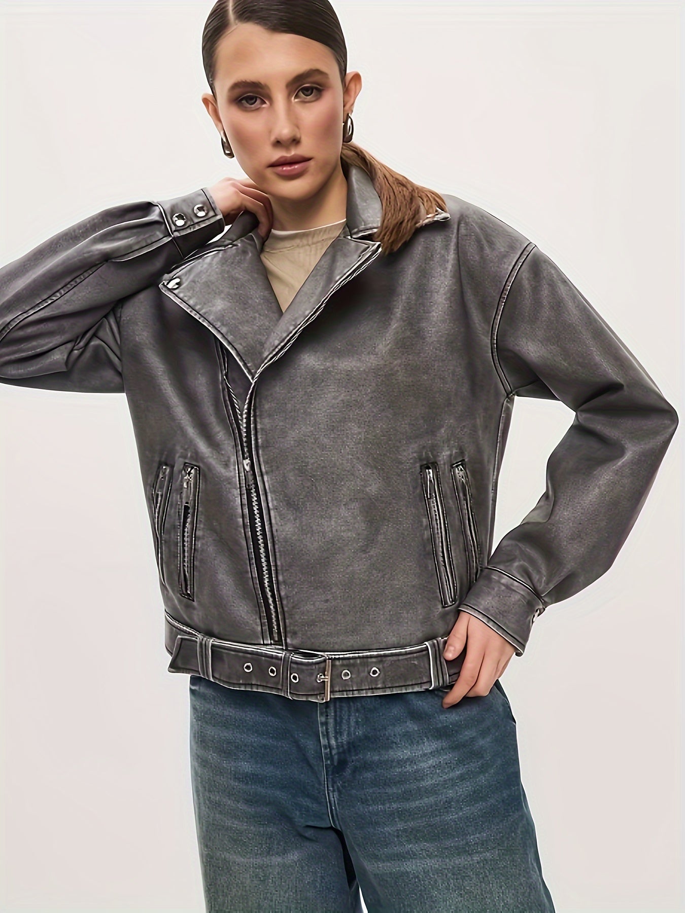 Valenzora | Women's Oversized Leather Jacket with Belt
