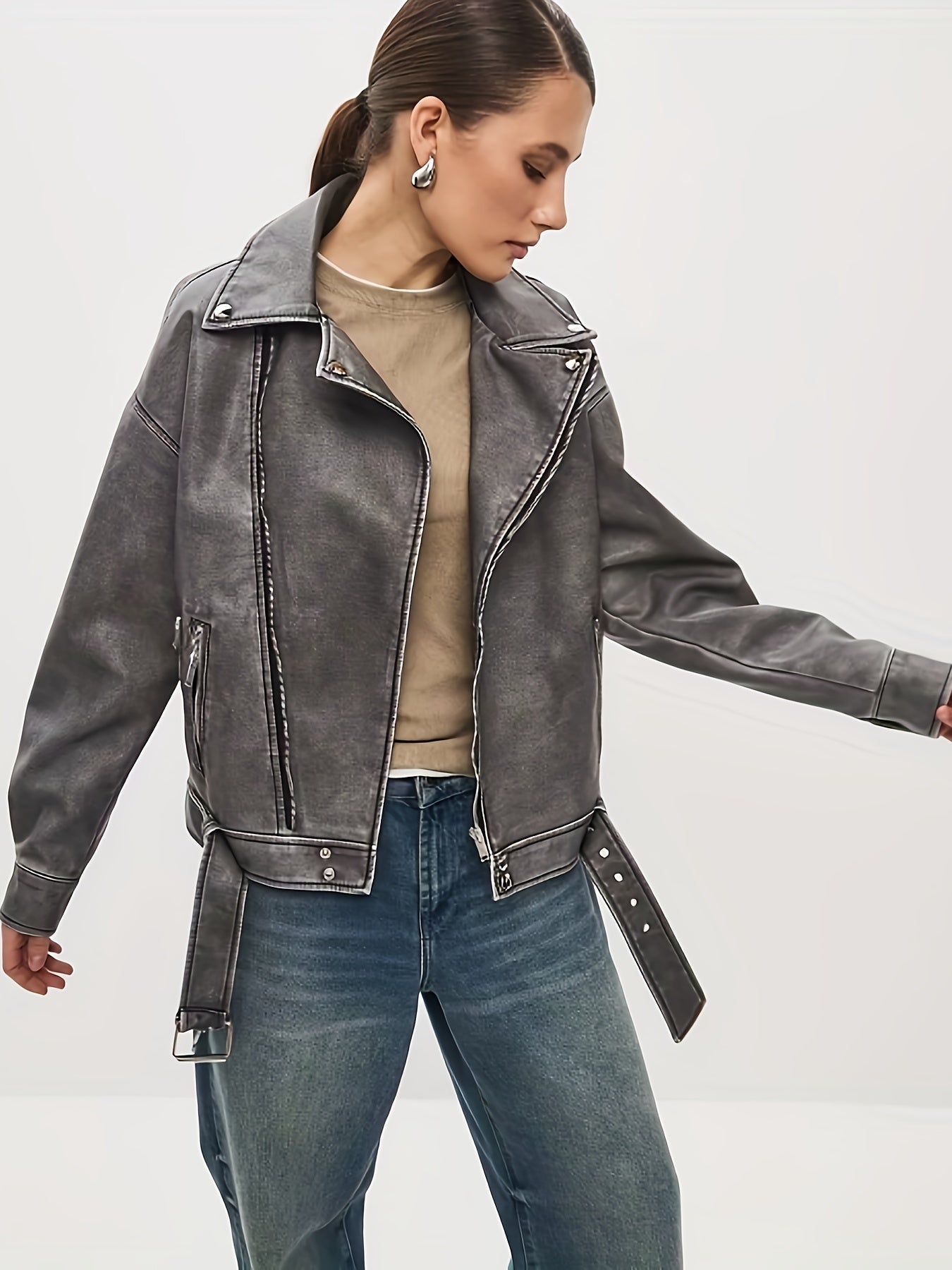 Valenzora | Women's Oversized Leather Jacket with Belt