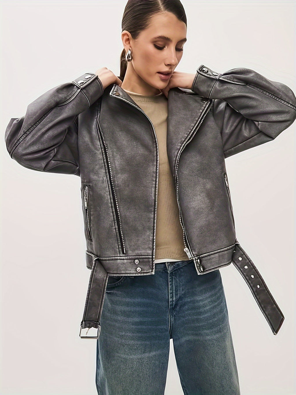 Valenzora | Women's Oversized Leather Jacket with Belt