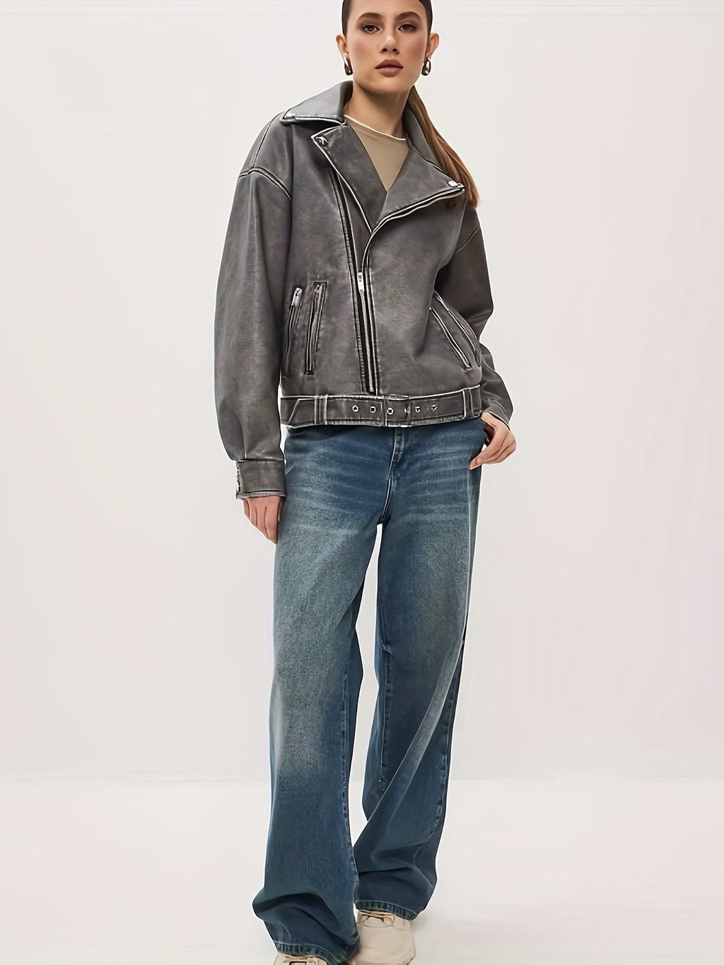 Valenzora | Women's Oversized Leather Jacket with Belt