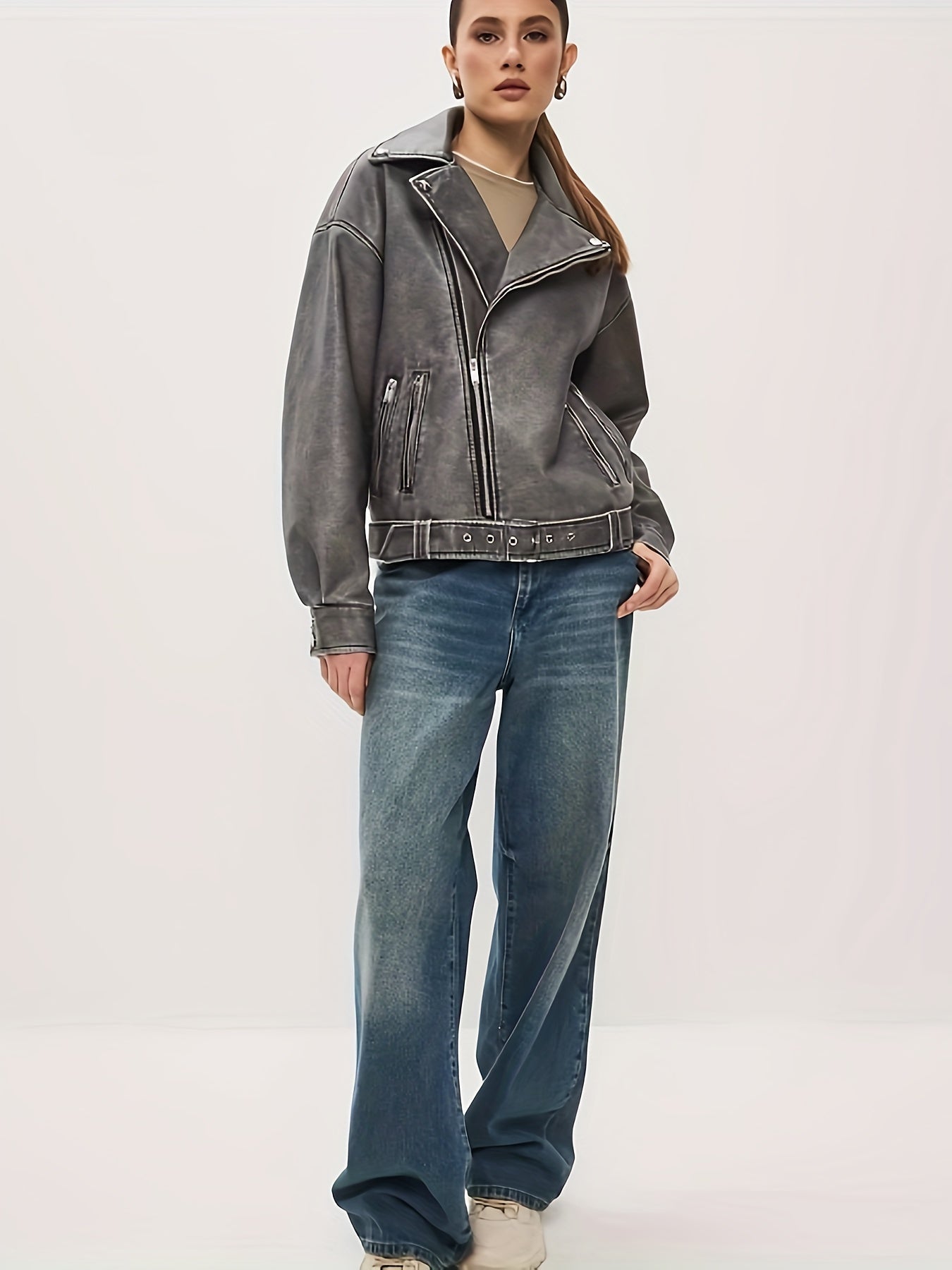 Valenzora | Women's Oversized Leather Jacket with Belt