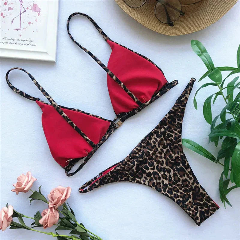 Valenzora | Leopard print spaghetti strap triangle swimwear set