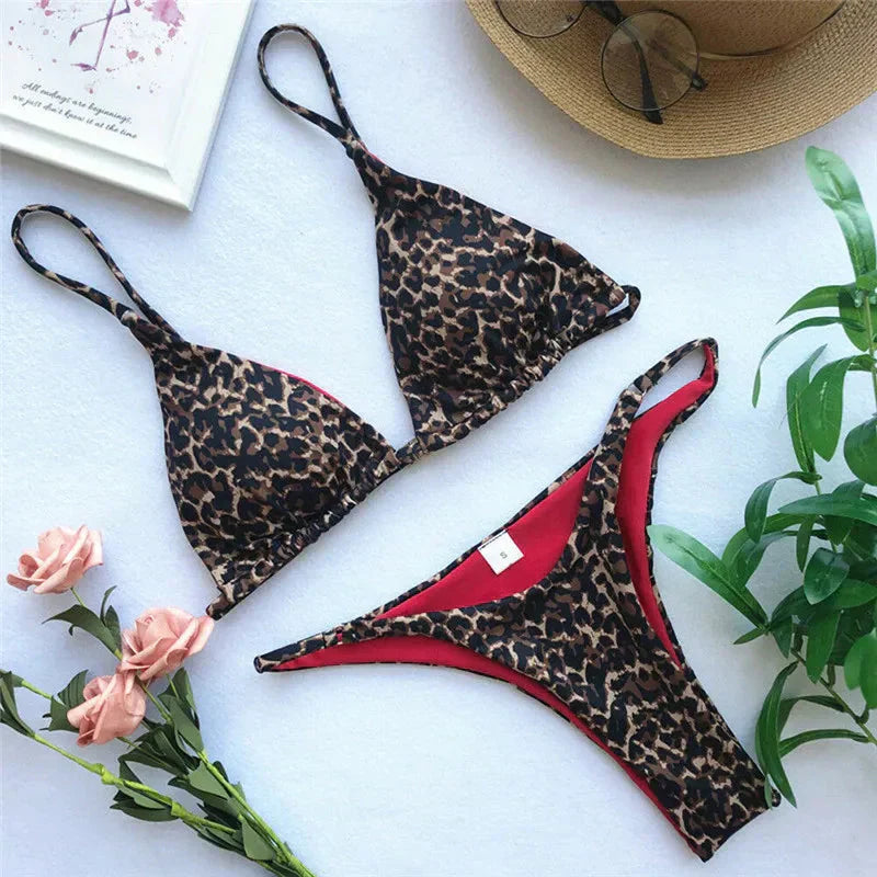 Valenzora | Leopard print spaghetti strap triangle swimwear set