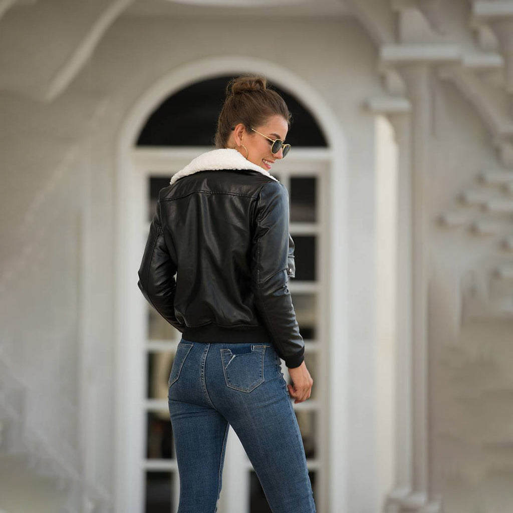 Winter chic: EMMA's leather jacket with fur collar