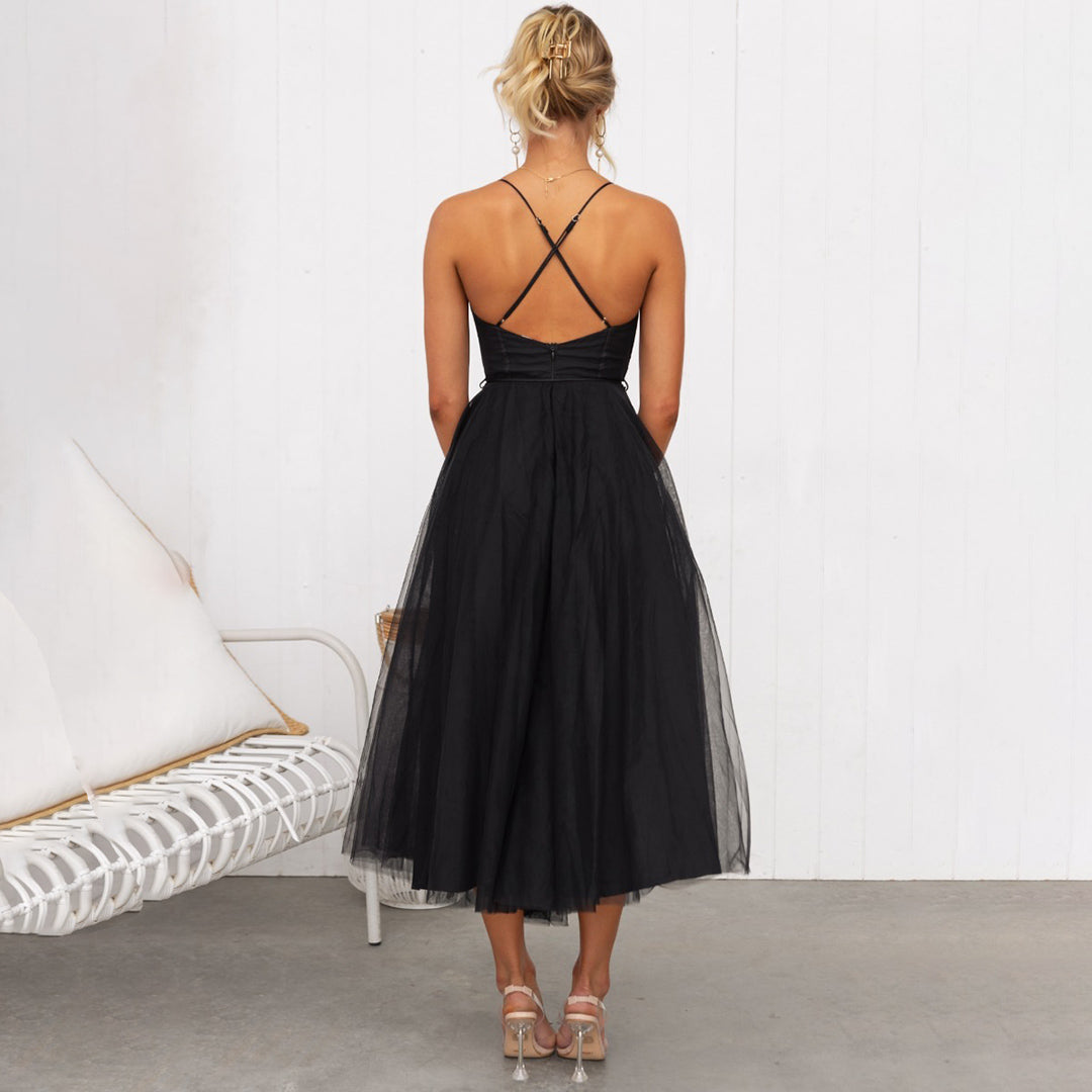 Valenzora | Luxurious sleeveless midi dress with shoulder spaghetti straps