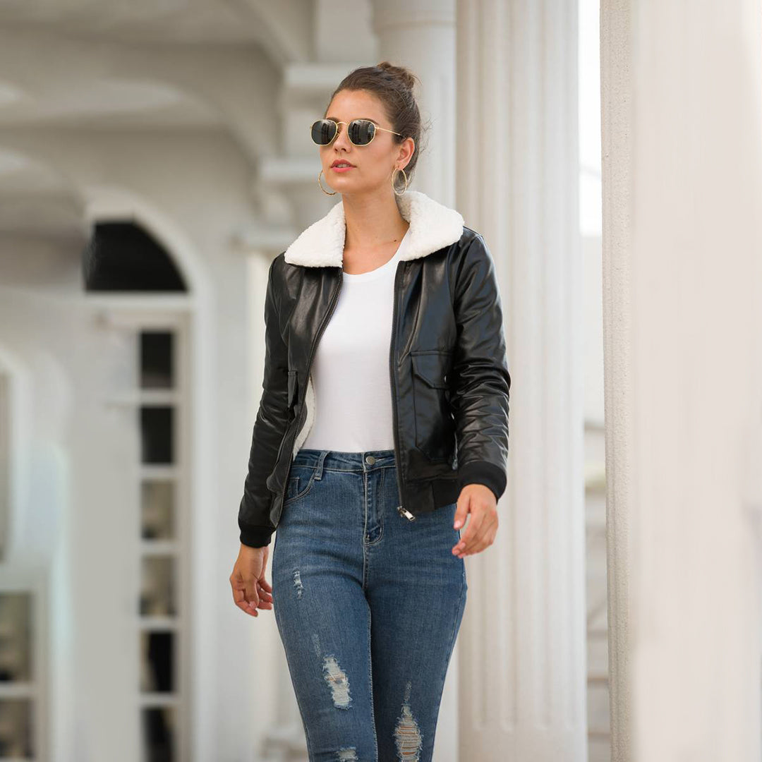 Winter chic: EMMA's leather jacket with fur collar
