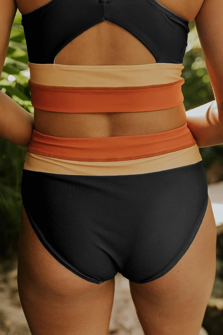 Valenzora | High Waist Colorblock Marine Cut Back Crop Bikini Set