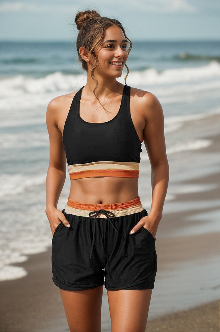 Valenzora | Black Colorblock Zip Back Sport Bikini Top with Boyshort Set
