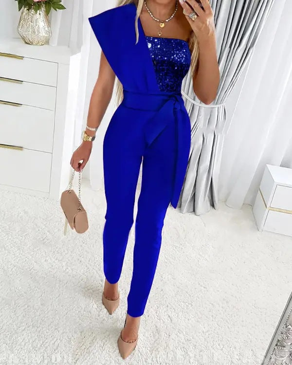 Valenzora | One Shoulder Jumpsuit with Sequins and Waistband