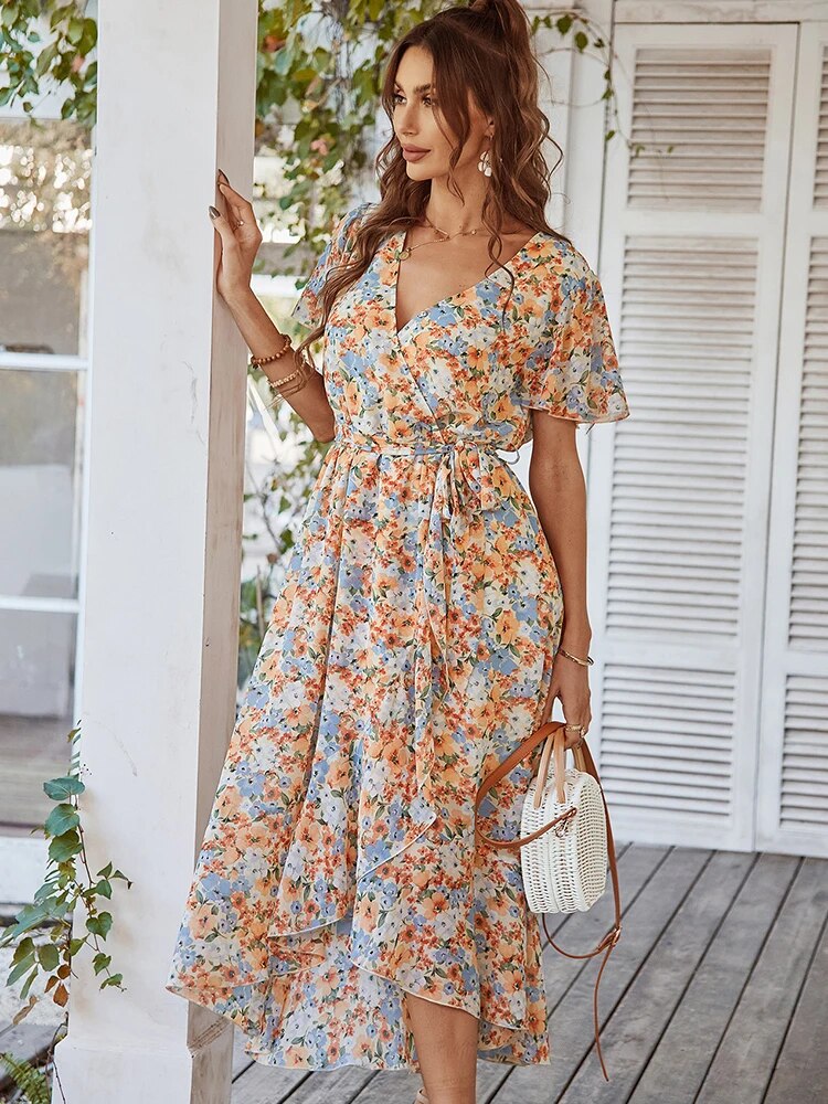 Valenzora | Boho Style Short Sleeve Summer Midi Dress