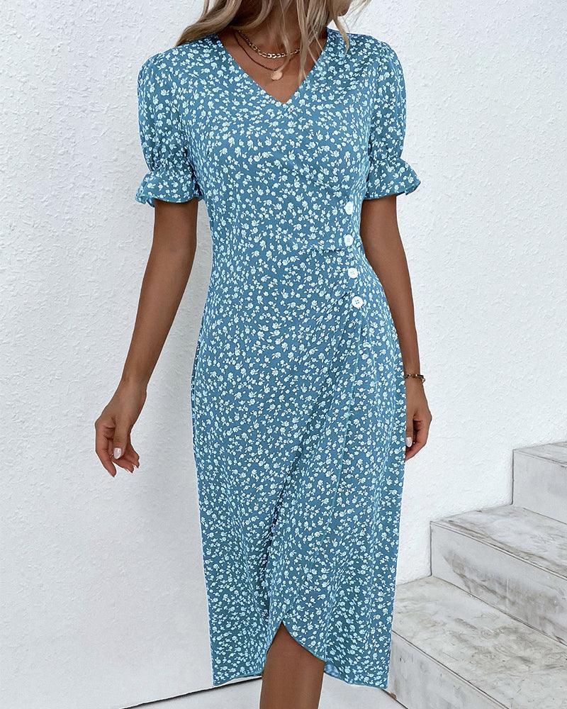 Valenzora | Midilanges geblümtes Sommerkleid mit kurzen Ärmeln