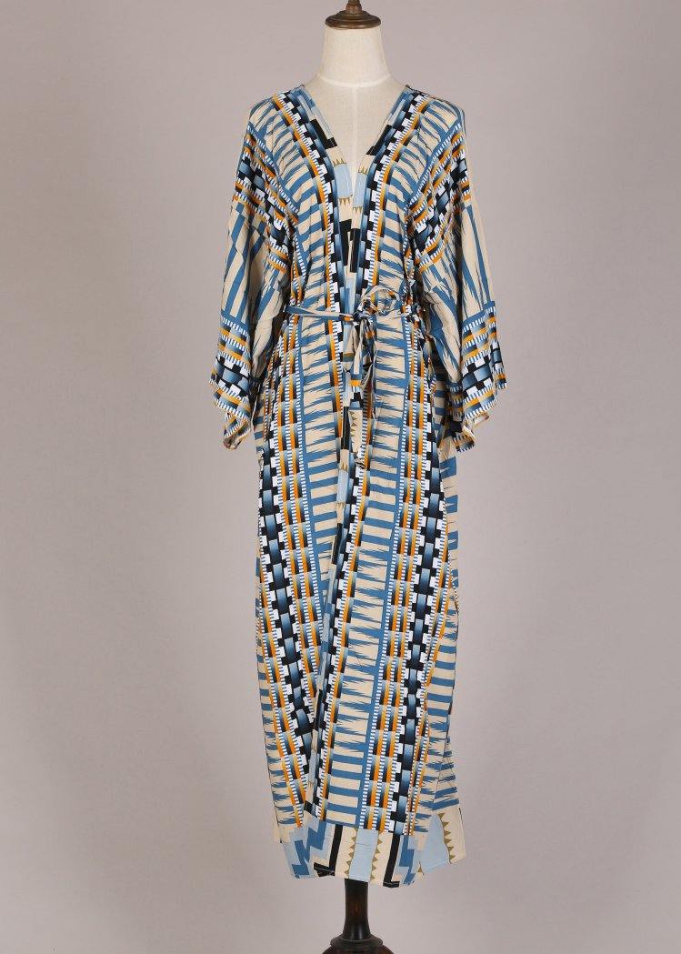 Valenzora | Kimono-Bademantel mit blauem geometrischem Muster