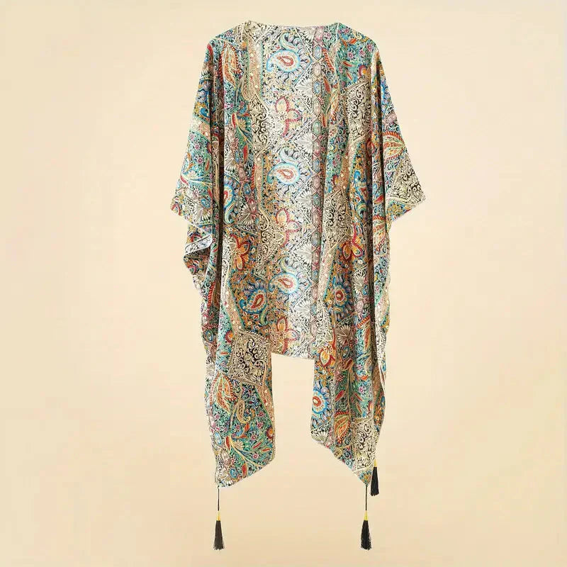 Valenzora | Kimono, Paisleymuster, offene Vorderseite, Bikini-Cover-Up, Strand-Kimono