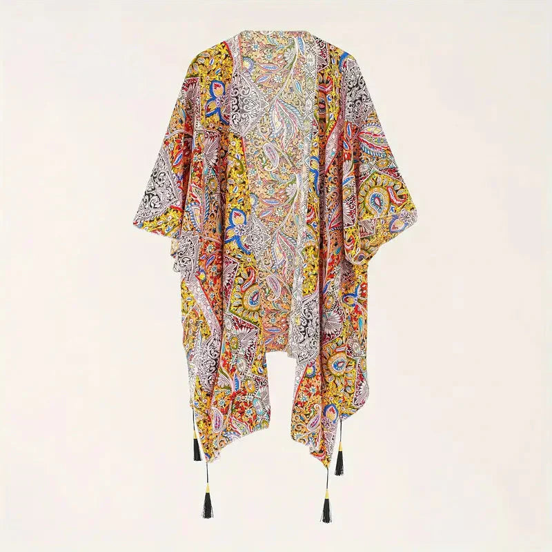Valenzora | Kimono, Paisleymuster, offene Vorderseite, Bikini-Cover-Up, Strand-Kimono