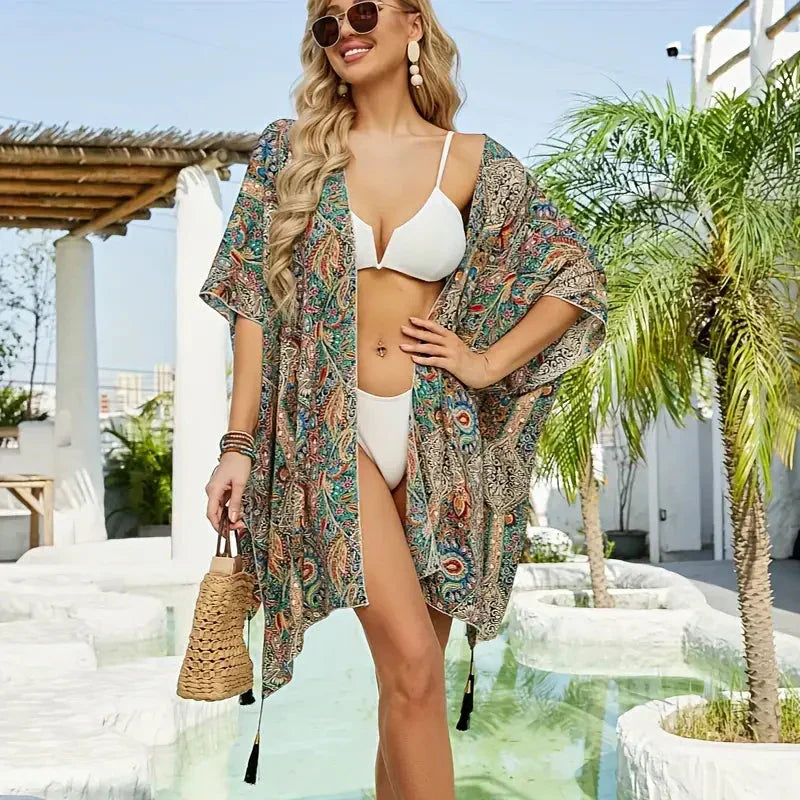 Valenzora | Kimono, Paisleymuster, offene Vorderseite, Bikini-Cover-Up, Strand-Kimono