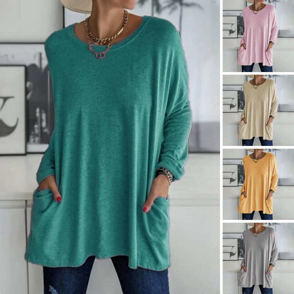 Valenzora | Fashionable tunic top with pockets - Relaxed fit, round neck, long sleeves
