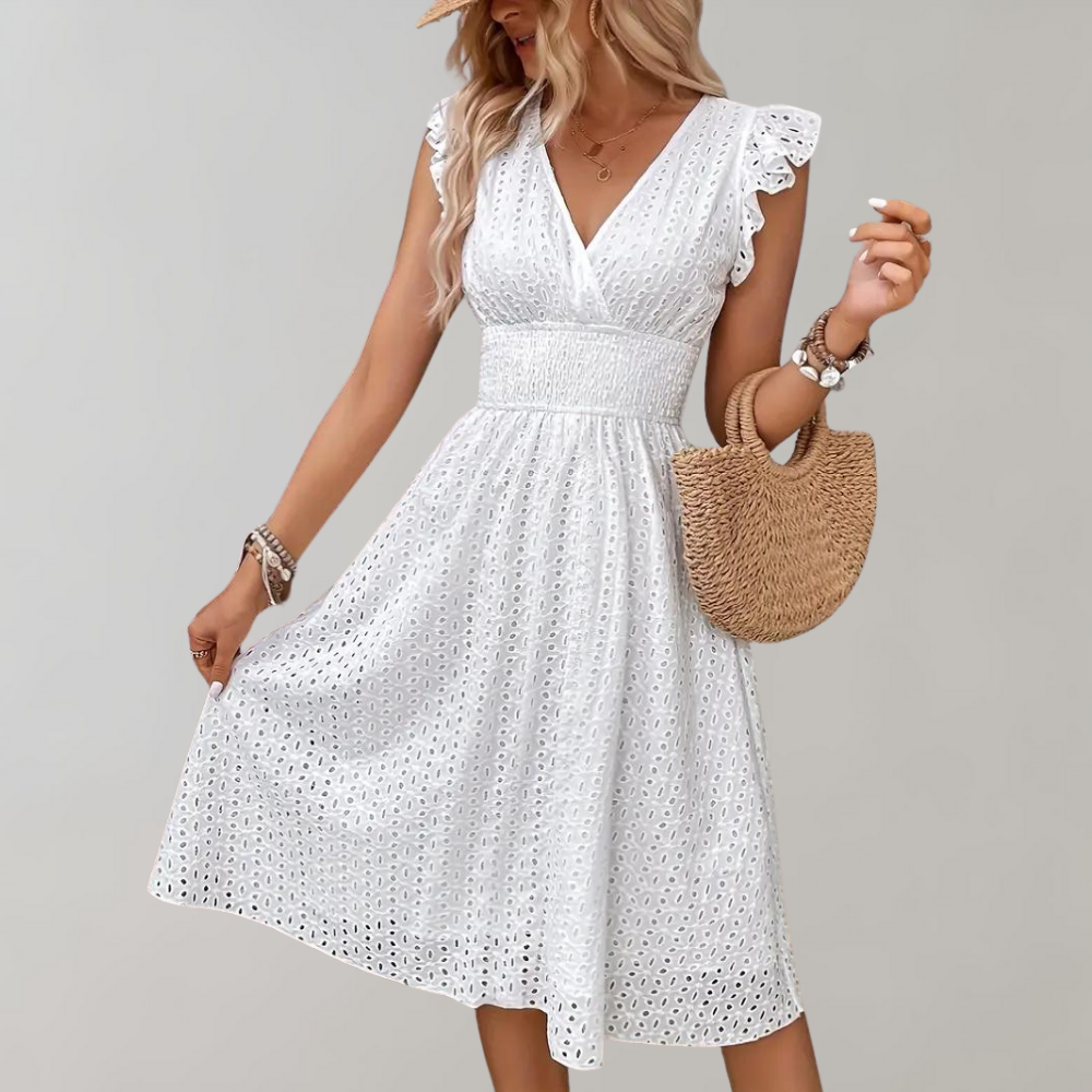 Valenzora | Elegant white summer dress with ruffled sleeves