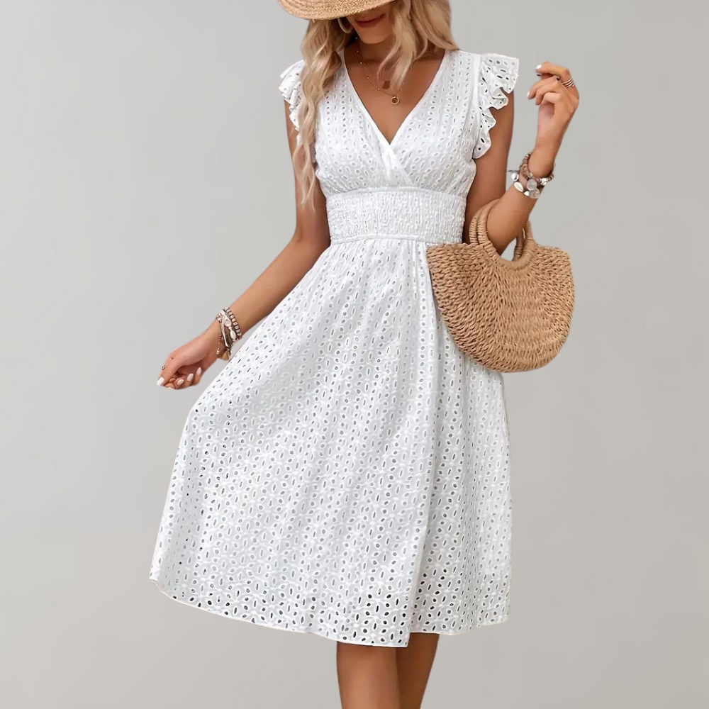 Valenzora | Elegant white summer dress with ruffled sleeves