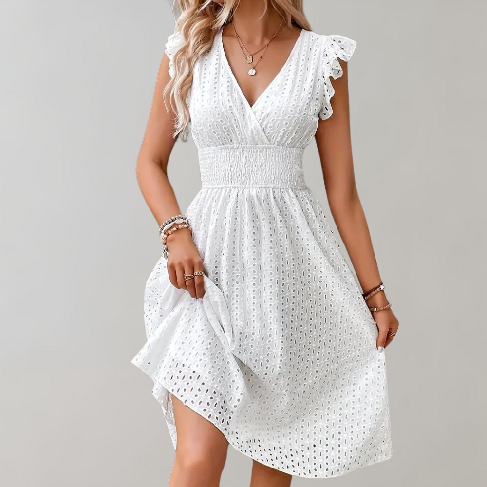 Valenzora | Elegant white summer dress with ruffled sleeves