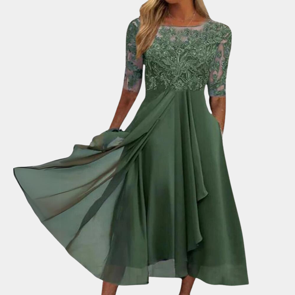 Valenzora | Elegantes Spitzen-Chiffon-Midikleid für Damen