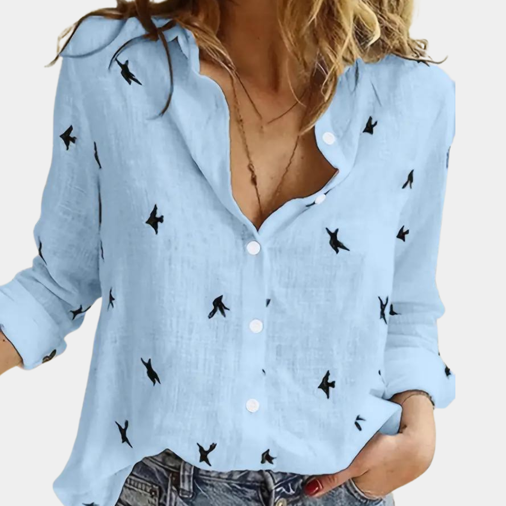 Valenzora | Linen shirt with button placket and bird print for women